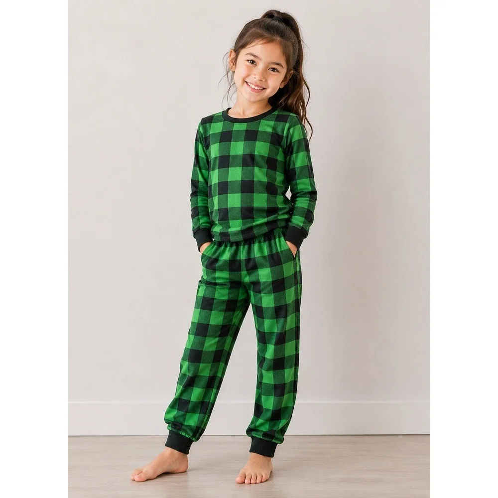 SWOMOG Pajama Set Kids‎ 130 Green Black Buffalo Plaid Long Sleeve Joggers NEW